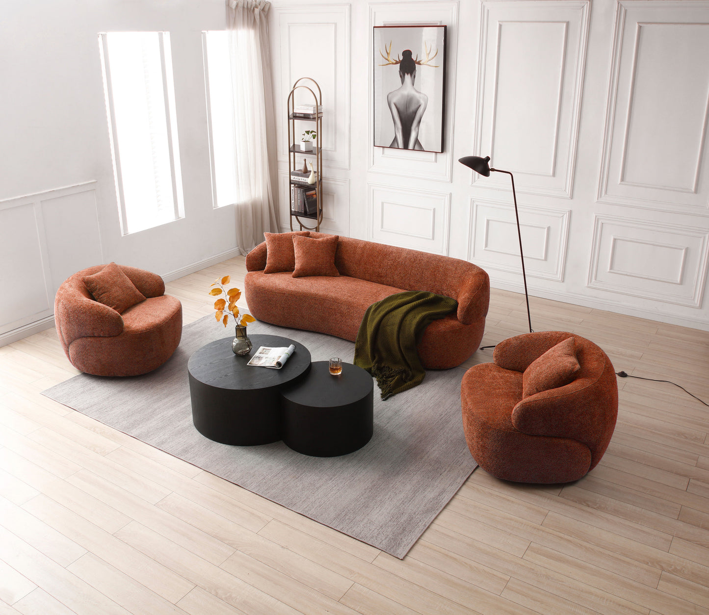 360° Swivel Mid Century Modern Curved Sofa, 1-Seat Cloud couch Boucle sofa Fabric Couch, Orange House to Home Furnishings LLC