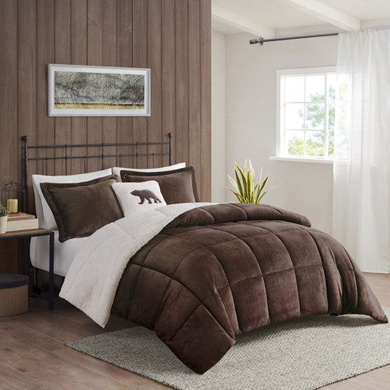 Plush to Sherpa Down Alternative Comforter Set Brown/Ivory Twin Olliix.com