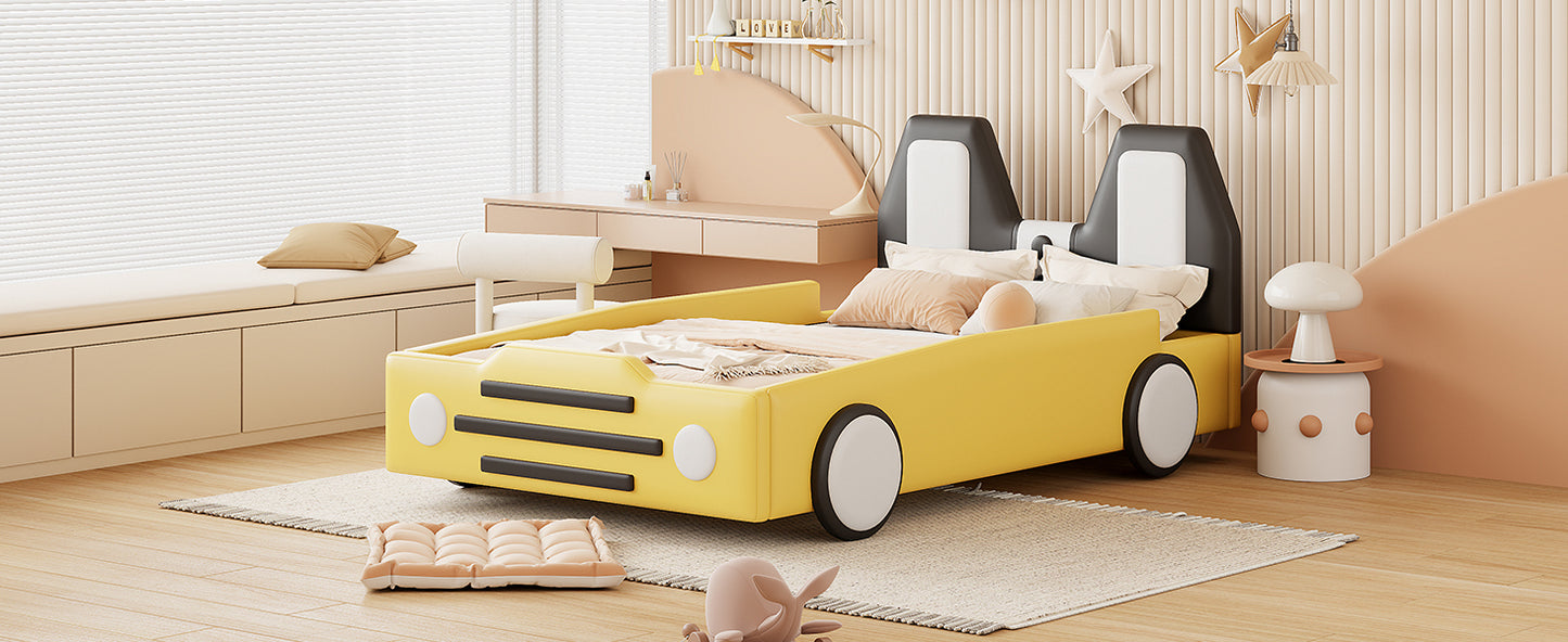 Twin Size Race Car-Shaped Platform Bed with Wheels,Yellow House to Home Furnishings LLC