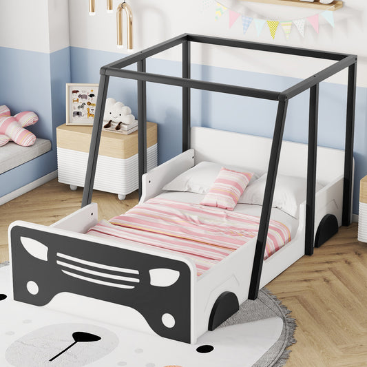 Twin Size Car-shaped Bed with Roof,Wooden Twin Floor Bed with wheels and door Design,Montessori Inspired Bedroom,Black House to Home Furnishings LLC