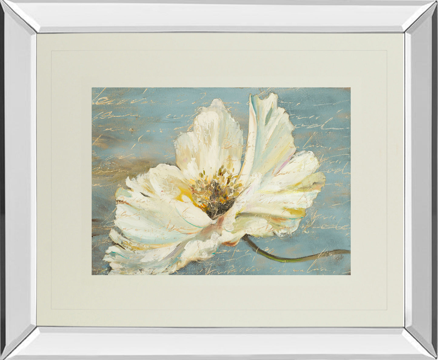 White Peony By Patricia Pinto - Mirror Framed Print Wall Art - Blue Classy Art