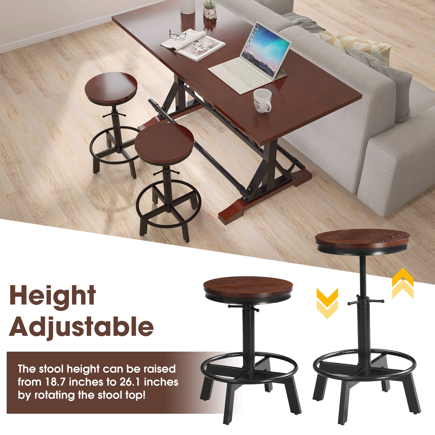 3-Piece Dining Table Set, 59" Wooden Sofa Side Table with Stabilizing Base, Rustic Brown Industrial Adjustable Height Stools, Modern Bar Table and Chairs for Living Room, Dining Room, and Space Saving House to Home Furnishings LLC