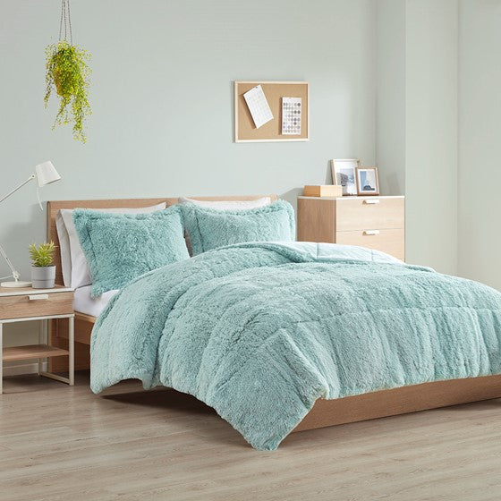 Shaggy Long Fur Comforter Mini Set Aqua Twin XL Olliix.com