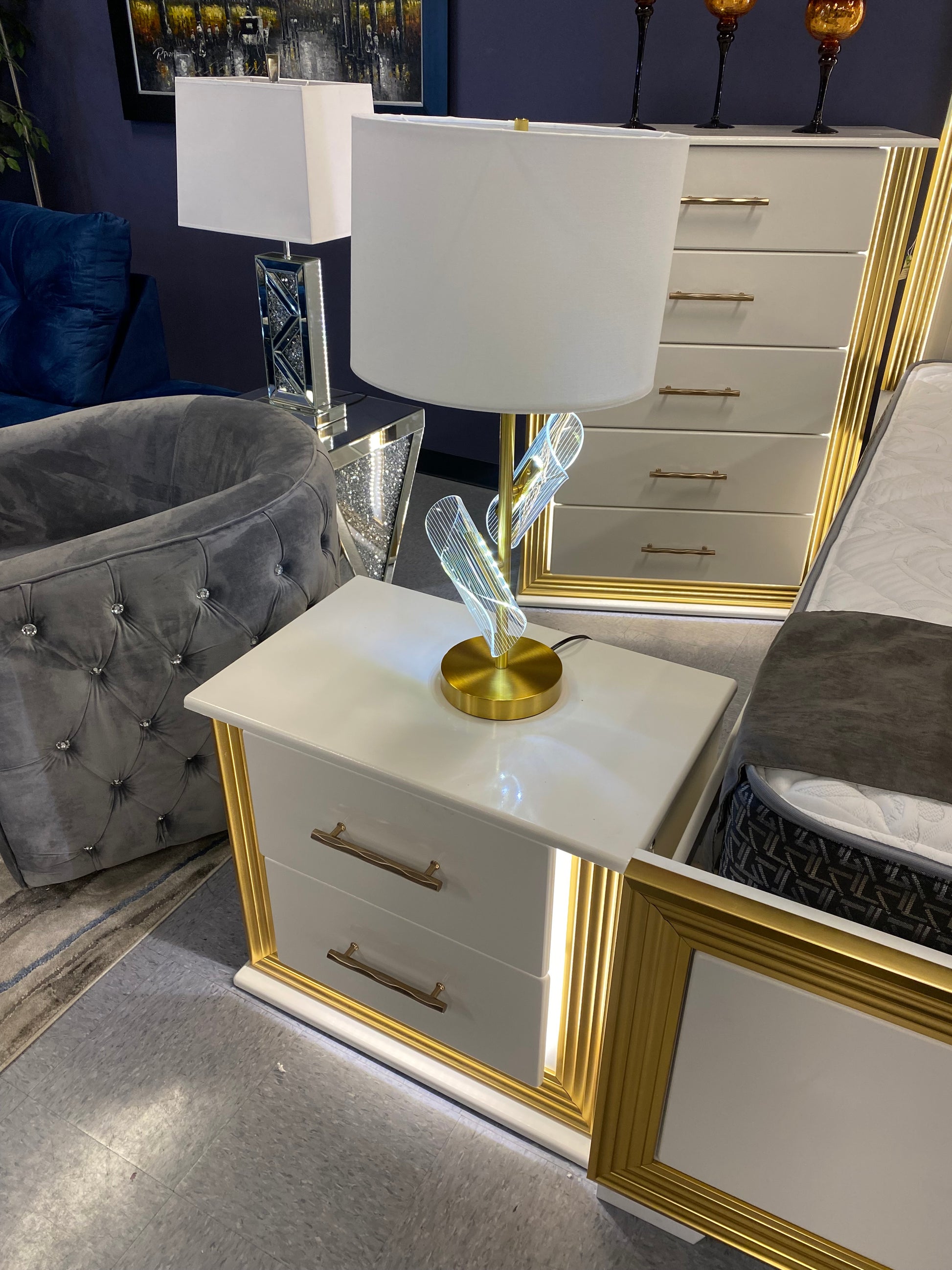 King Obsession 8pc White & Gold💡LED GLOW 💡Upholstered Platform Storage Bedroom Collection House to Home Furnishings LLC