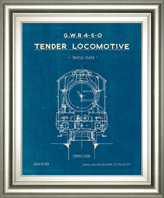 Locomotive Blueprint II By Wild Apple Portfolio - Framed Print Wall Art - Blue Classy Art