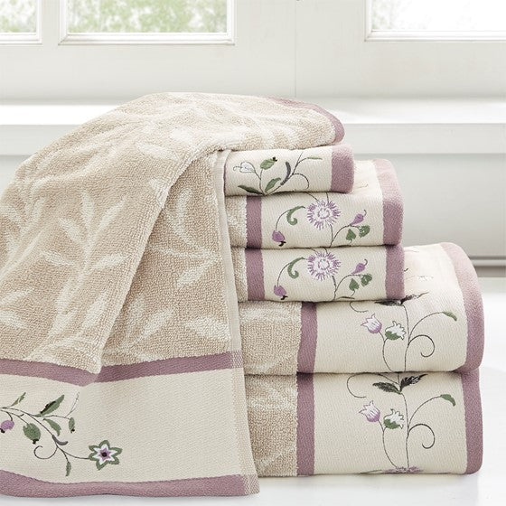 Embroidered Cotton Jacquard 6 Piece Towel Set Purple Olliix.com