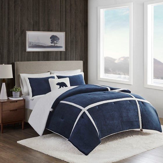 Plush to Sherpa Comforter Set Navy King Olliix.com