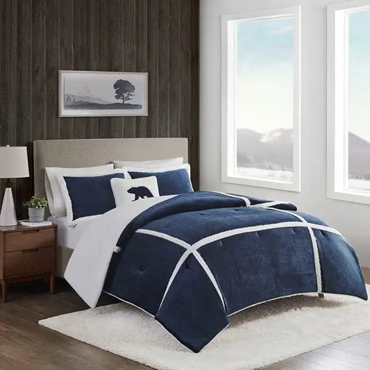 Plush to Sherpa Comforter Set Navy Full/Queen Olliix.com