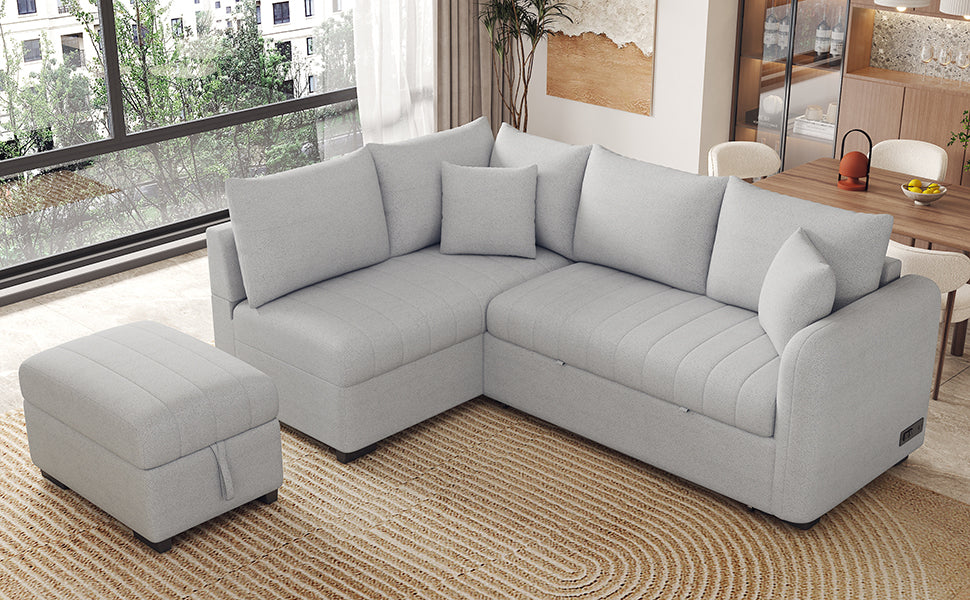 82.6" L-shaped Sectional Pull Out Sofa Bed Sleeper Sofa with Two USB Ports, Two Power Sockets and a Movable Storage Ottoman, Gray ***(FREE SHIPPING)*** House to Home Furnishings LLC