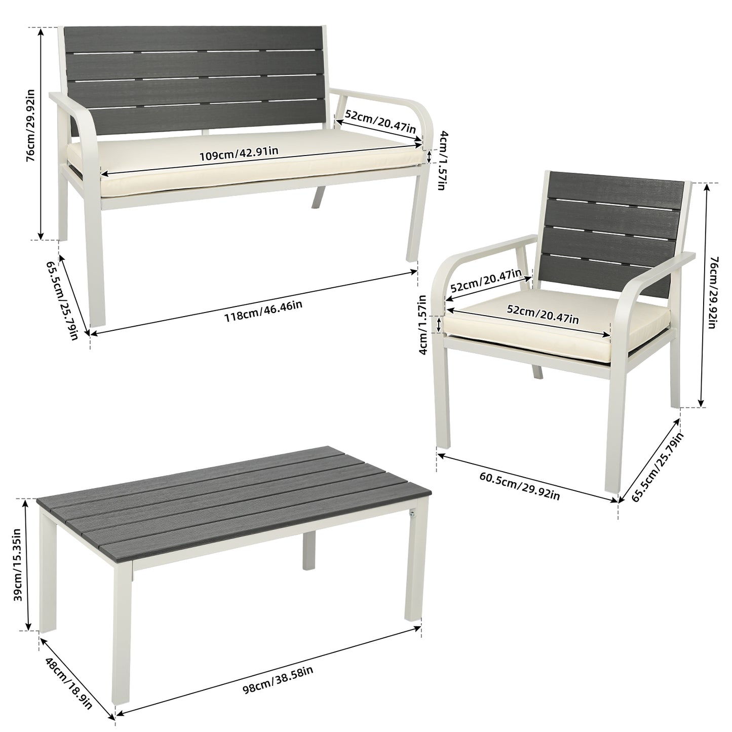 4 Pieces Patio Garden Sofa Conversation Set Wood Grain Design PE Steel Frame Loveseat All Weather Outdoor Furniture Set with Cushions Coffee Table for Backyard Balcony Lawn White House to Home Furnishings LLC