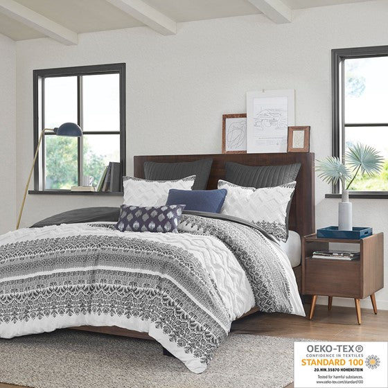 3 Piece Cotton Comforter Set with Chenille Tufting Gray Full/Queen Olliix.com