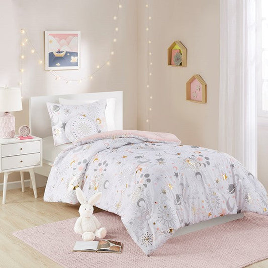 Starry Sky Metallic Printed Comforter Set Blush/Gold Twin Olliix.com