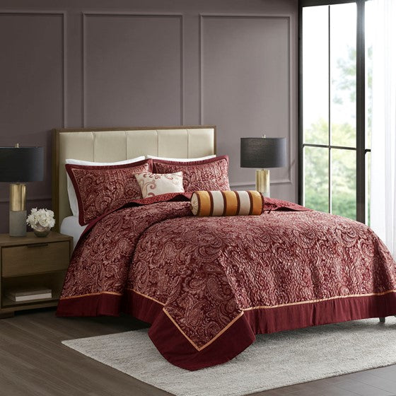 5 Piece Jacquard Bedspread Set with Throw Pillows Burgundy Queen Olliix.com