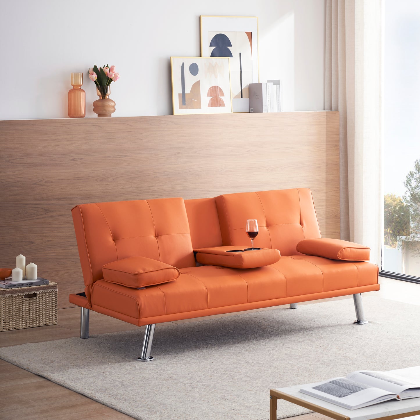 67" Orange Leather Multifunctional Double Folding Sofa Bed for Office with Coffee Table House to Home Furnishings LLC