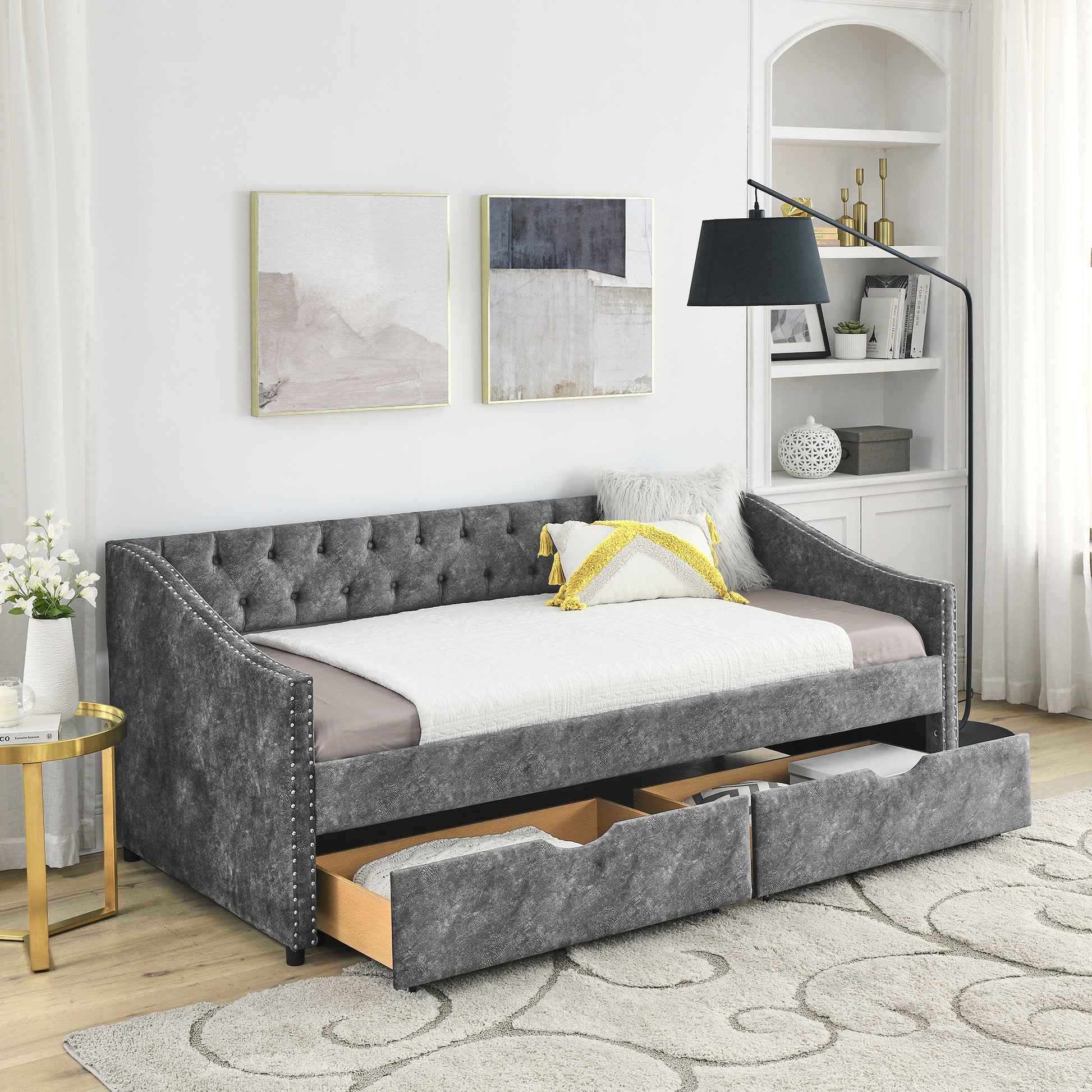 Twin Size Daybed with Drawers Upholstered Tufted Sofa Bed, with Button on Back and Copper Nail on Waved Shape Arms, Grey  (81.5''x4''x30.5'') House to Home Furnishings LLC