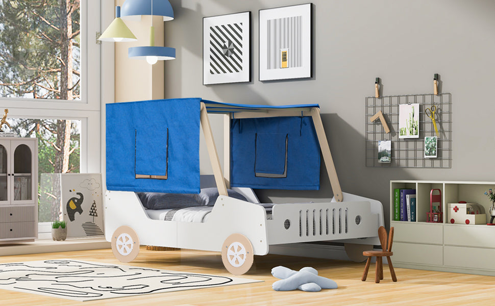 Full Size Car Shaped Bed with Tents,White+Natural House to Home Furnishings LLC