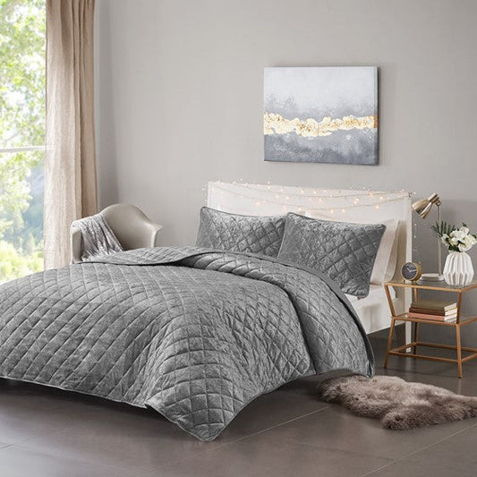 Velvet Quilt Set Grey Full/Queen Olliix.com