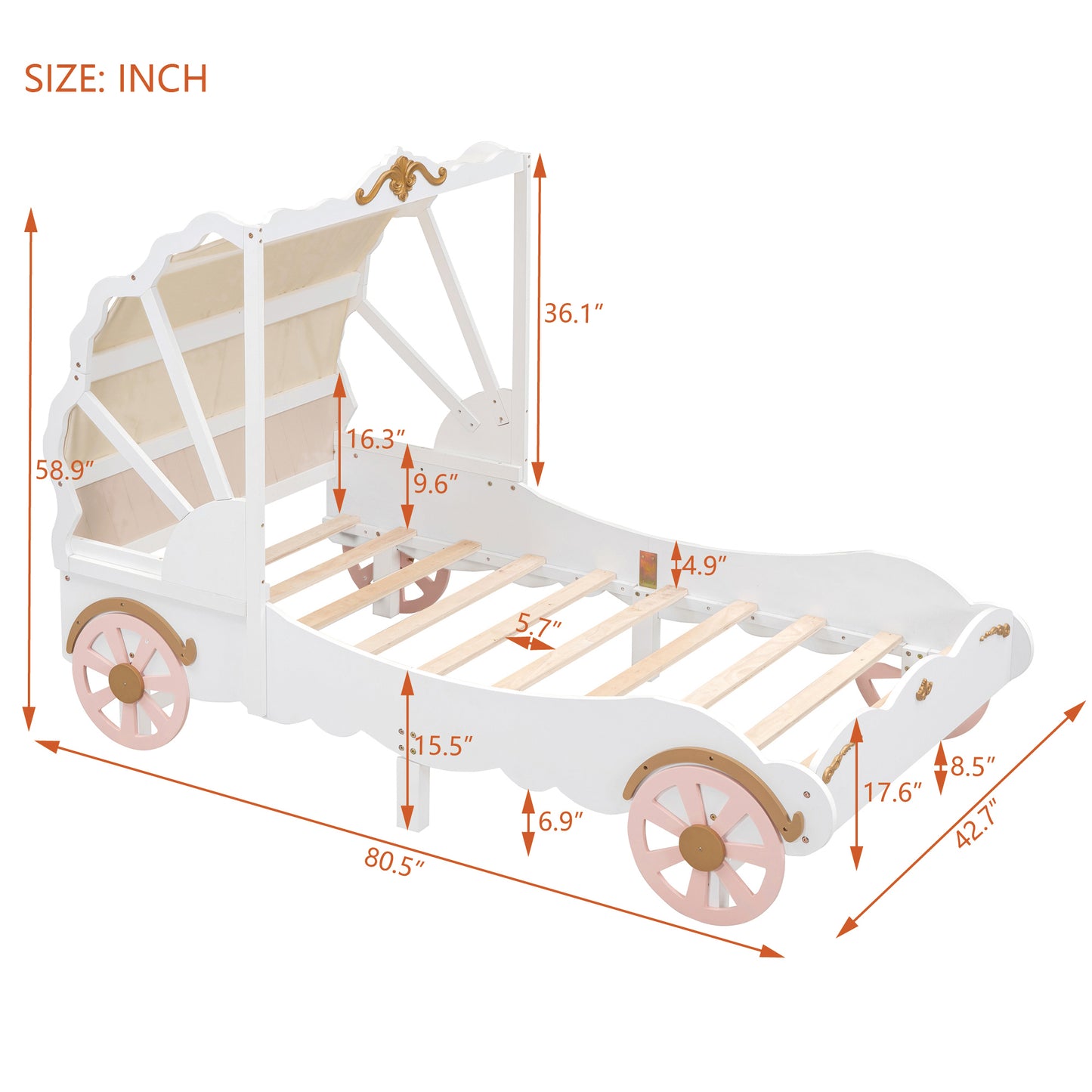 Twin Size Princess Carriage Bed with Canopy, Wood Platform Car Bed with 3D Carving Pattern, White+Pink+Gold House to Home Furnishings LLC