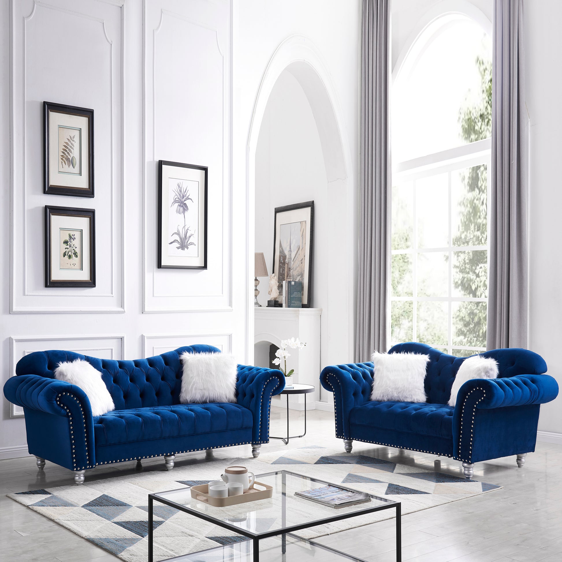 3 Piece Living Room Sofa Set, including 3-Seater Sofa, Loveseat and Sofa Chair, with Button and Copper Nail on Arms and Back, Five White Villose Pillow, Blue. House to Home Furnishings LLC