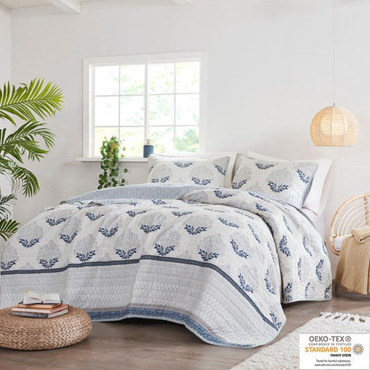 3 Piece Reversible Cotton Coverlet Set Indigo Full/Queen Olliix.com