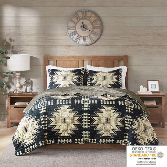 Oversized Print Plush Quilt Set Tan/Black Full/Queen Olliix.com