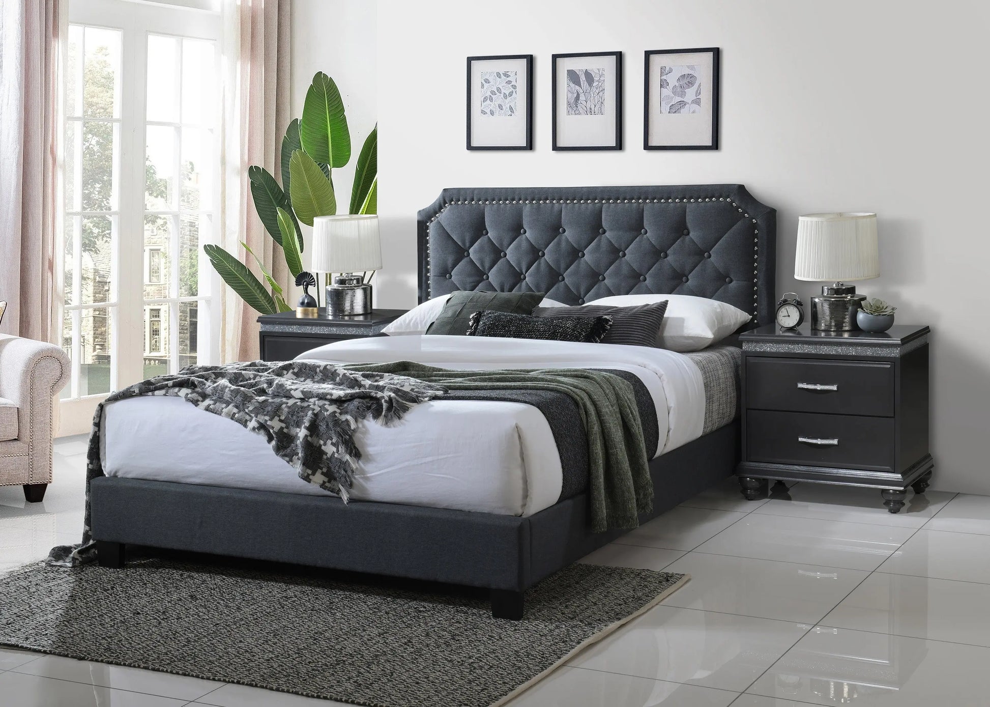 Gerri Charcoal Queen Upholstered Panel Bed Crown Mark