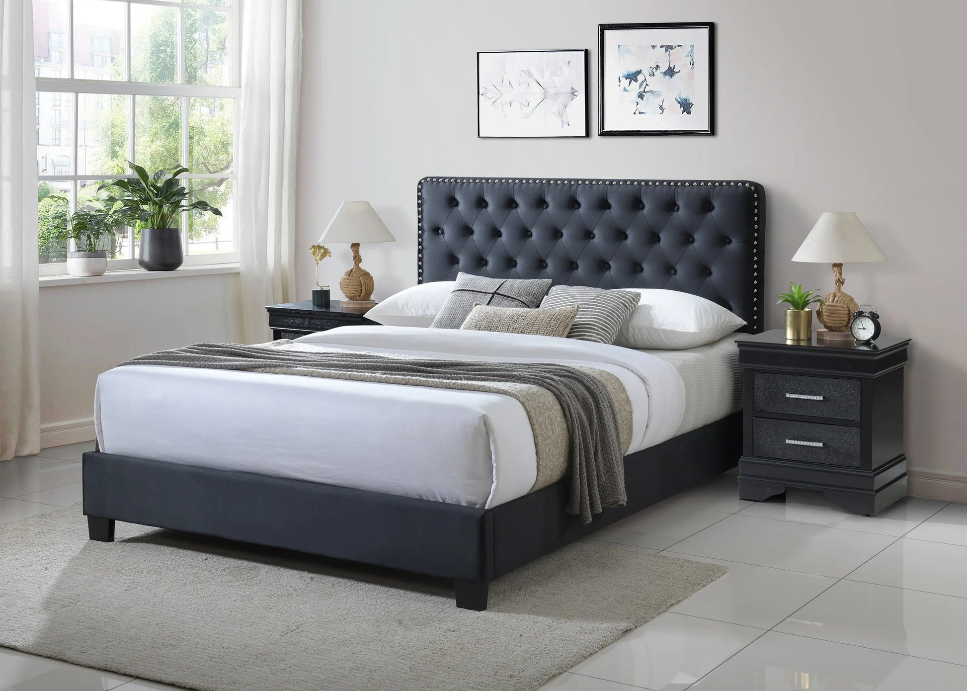 Ezra Charcoal Queen Upholstered Panel Bed Crown Mark