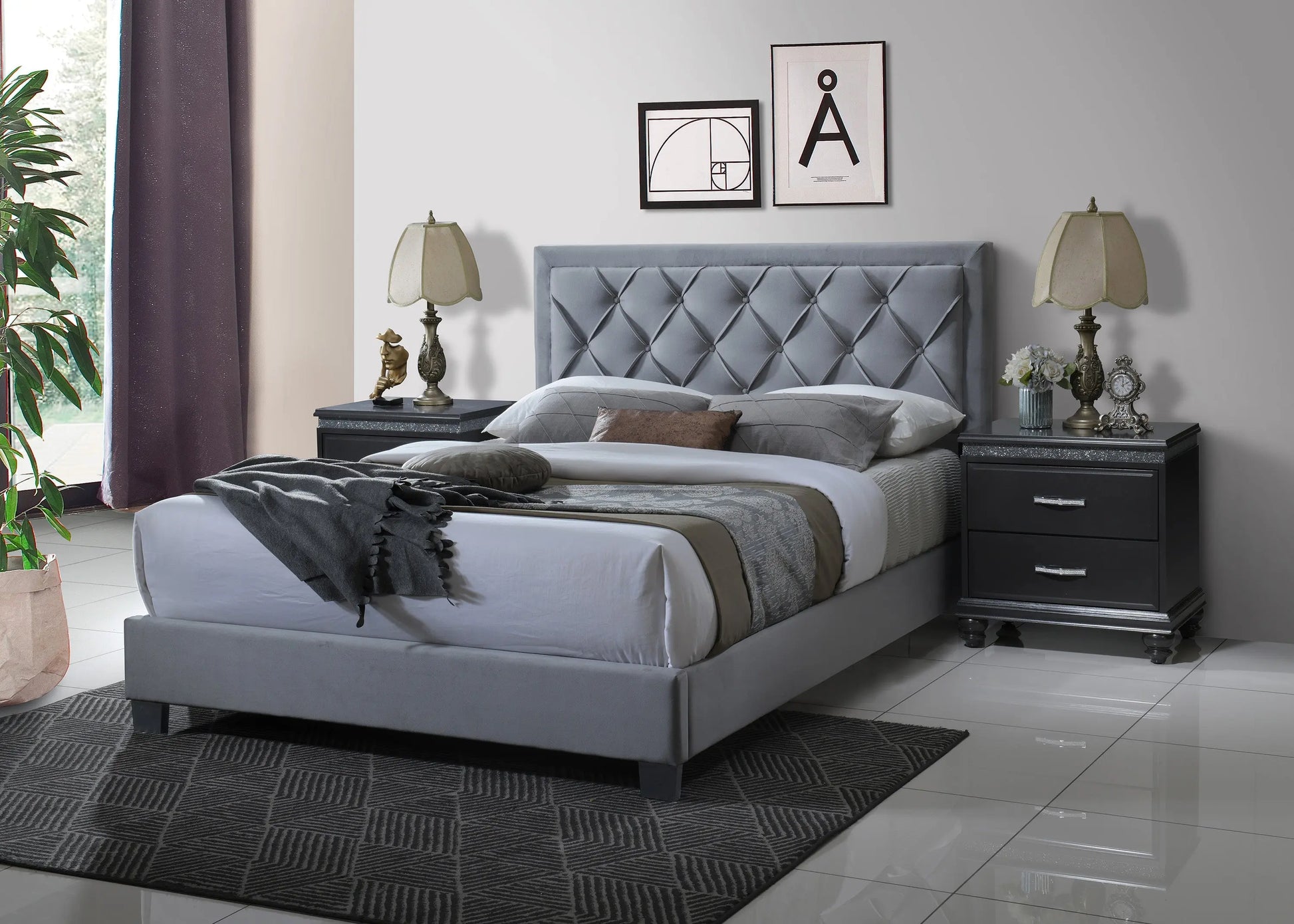 Danzy Gray Queen Upholstered Panel Bed Crown Mark