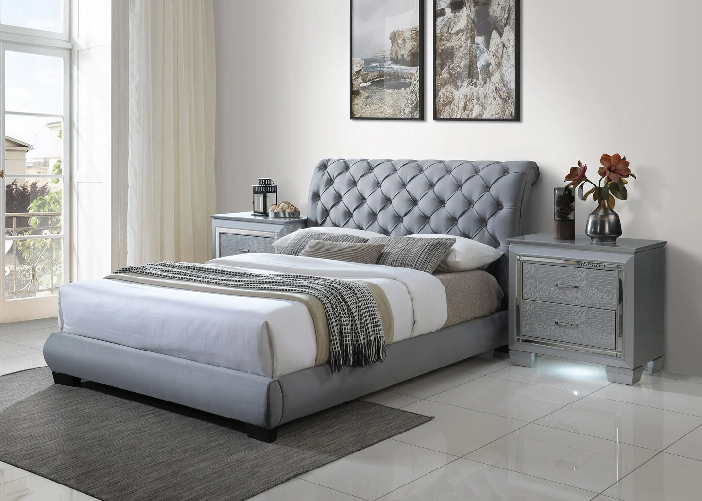 Carly Gray King Upholstered Platform Bed Crown Mark