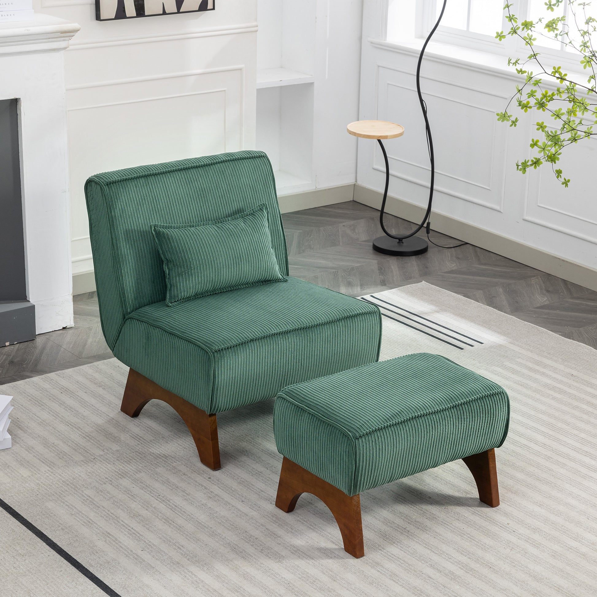 29.13" Wide Accent Chair with Ottoman lounge Armless chair Upholstered Reading Chair Single Sofa with Walnut Wooden Leg and Throw Pillow for Living Room Bedroom Dorm Room Office,  Green Corduroy House to Home Furnishings LLC