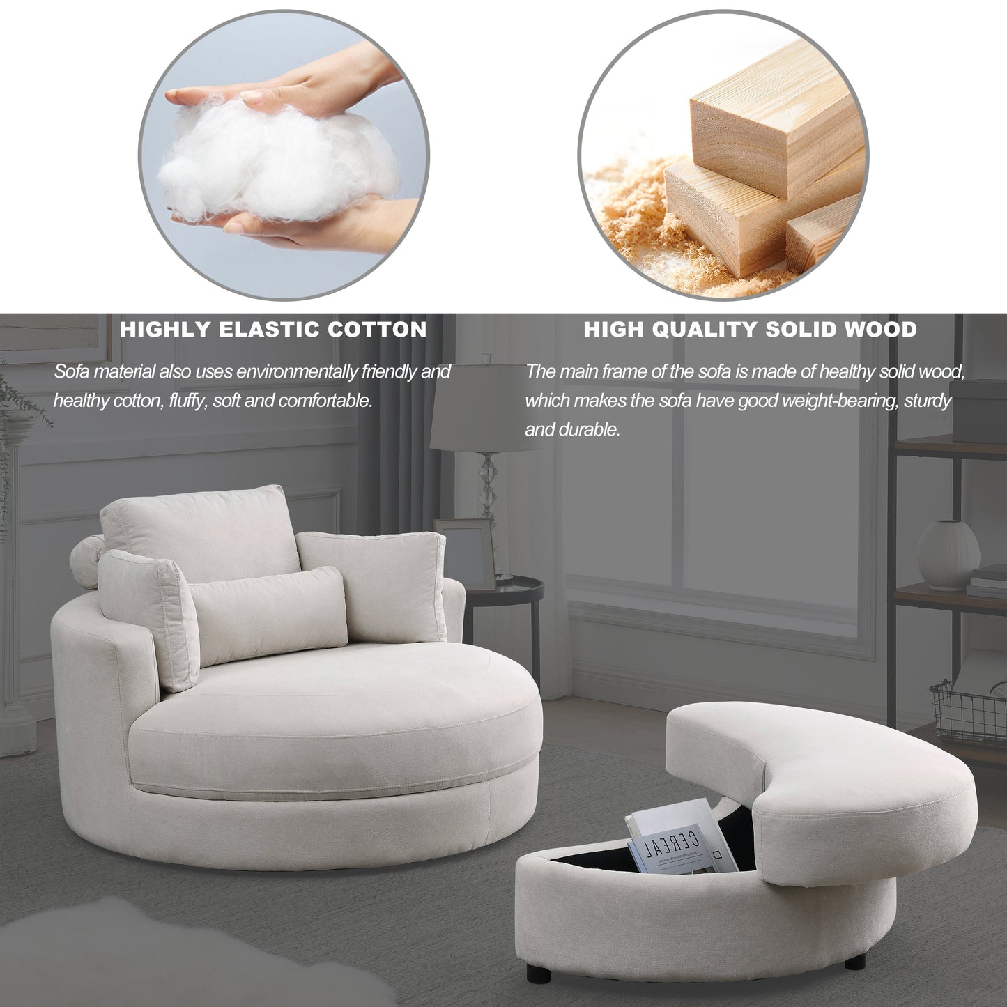 [Video] Welike Swivel Accent Barrel Modern Sofa Lounge Club Big Round Chair with Storage Ottoman Linen Fabric for Living Room Hotel with Pillows House to Home Furnishings LLC