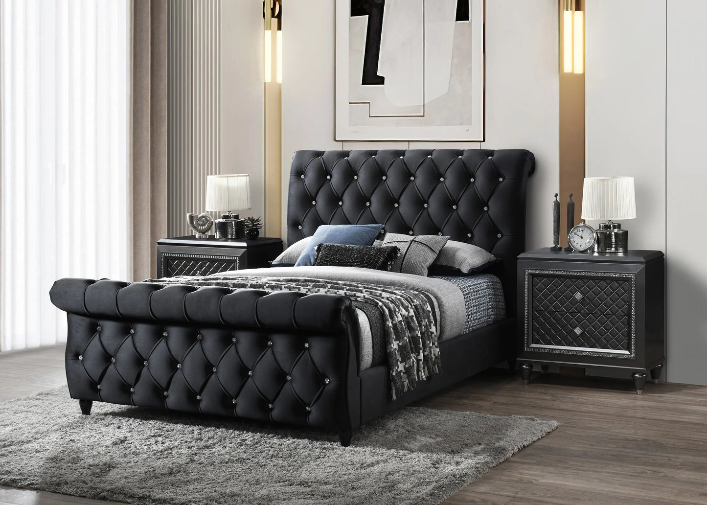 Kyrie Black Queen Upholstered Bed Crown Mark