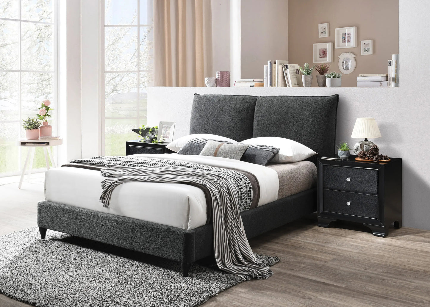 Jenn Charcoal Boucle King Upholstered Platform Bed Crown Mark