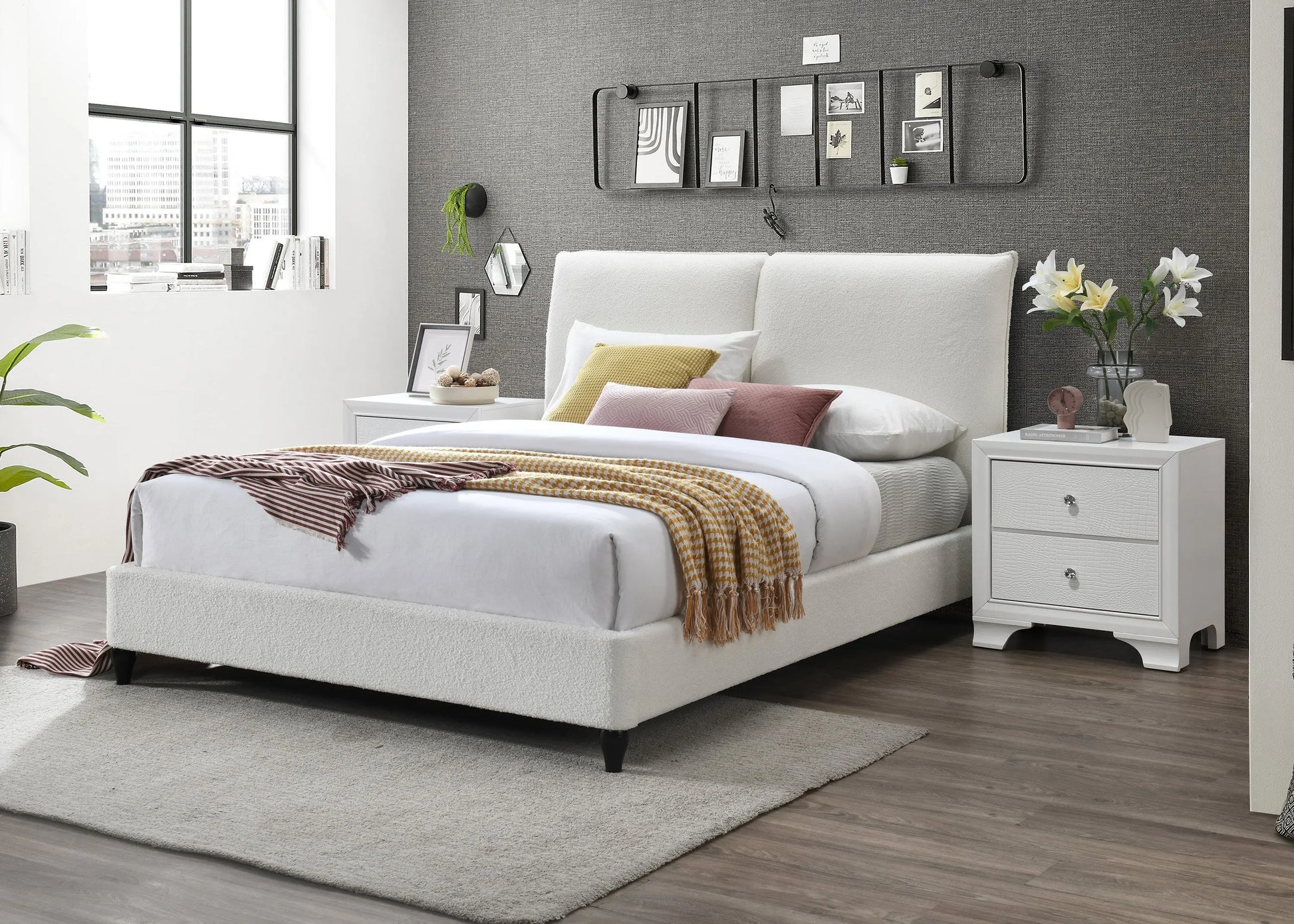 Jenn White Boucle King Upholstered Platform Bed Crown Mark