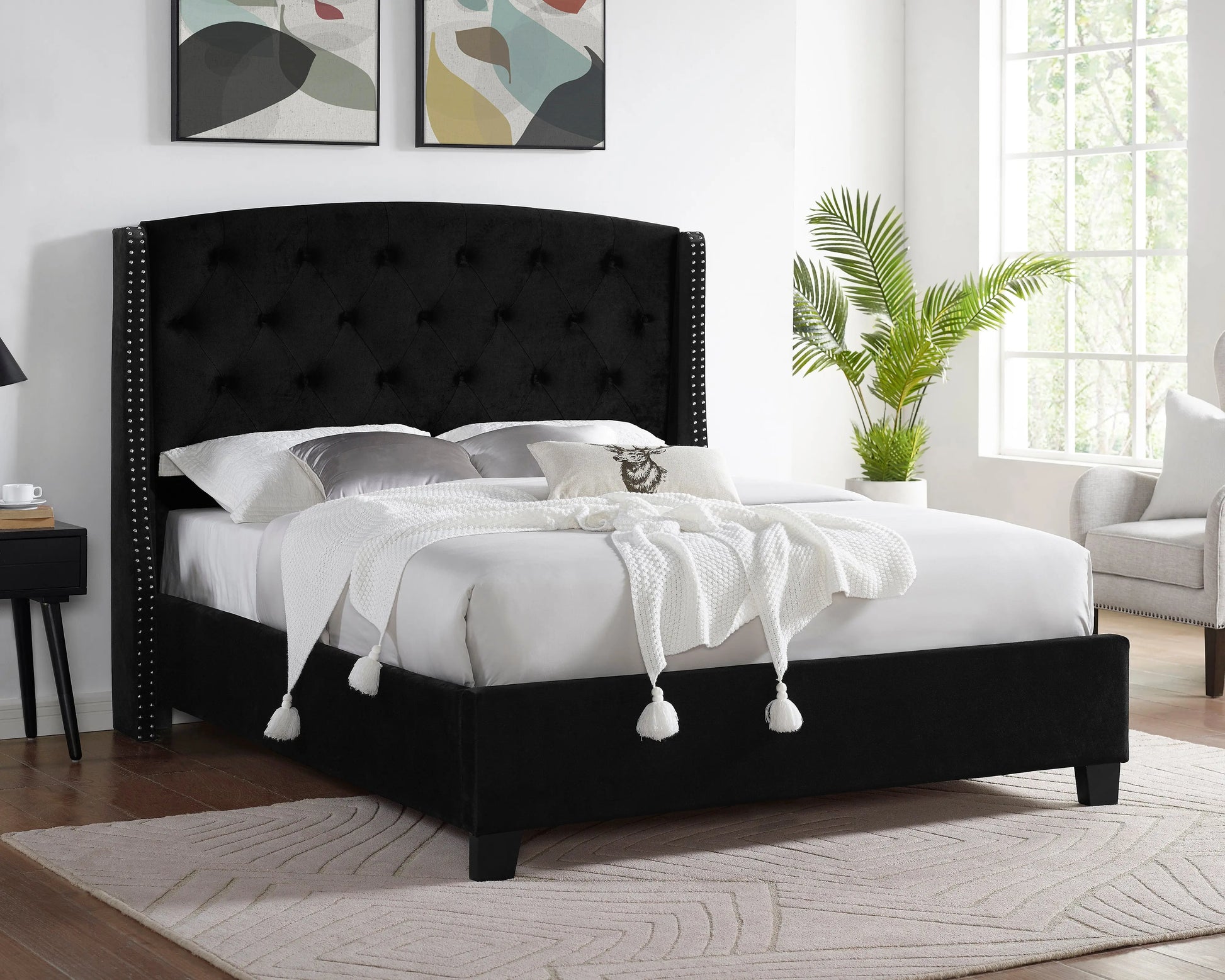 Eva Black Velvet King Upholstered Bed Crown Mark