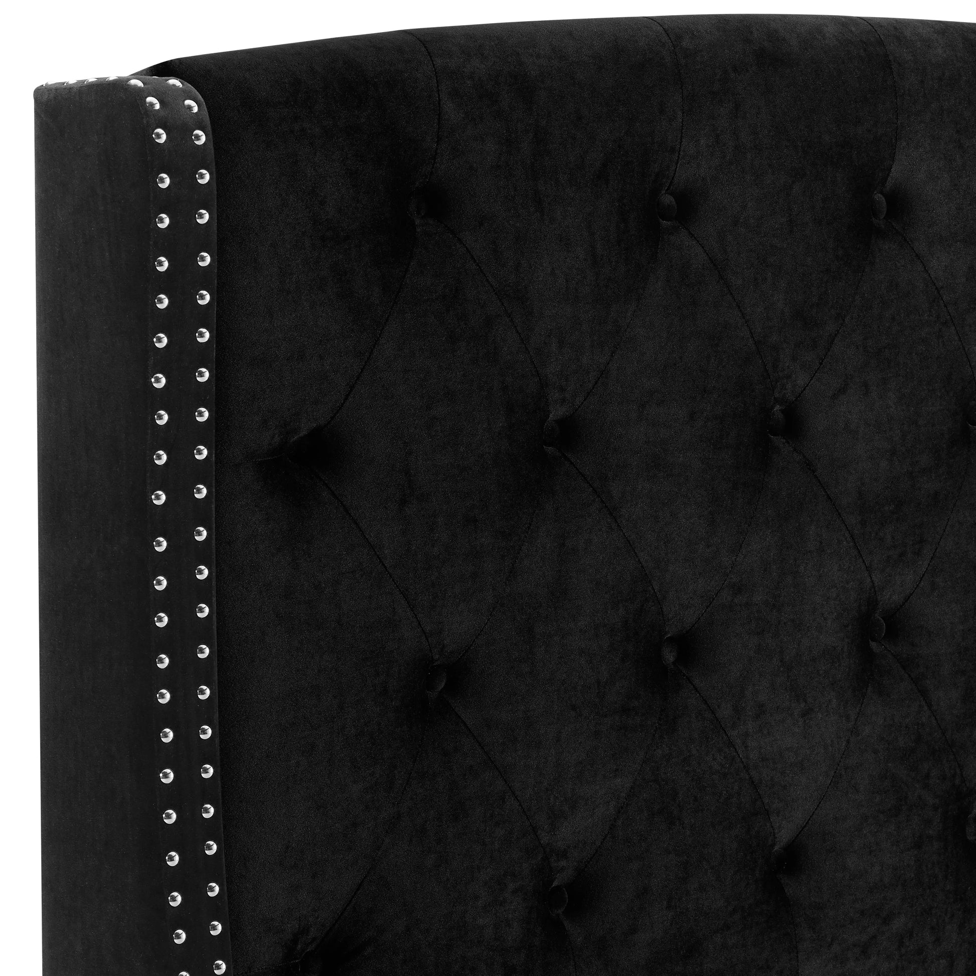 Eva Black Velvet King Upholstered Bed Crown Mark