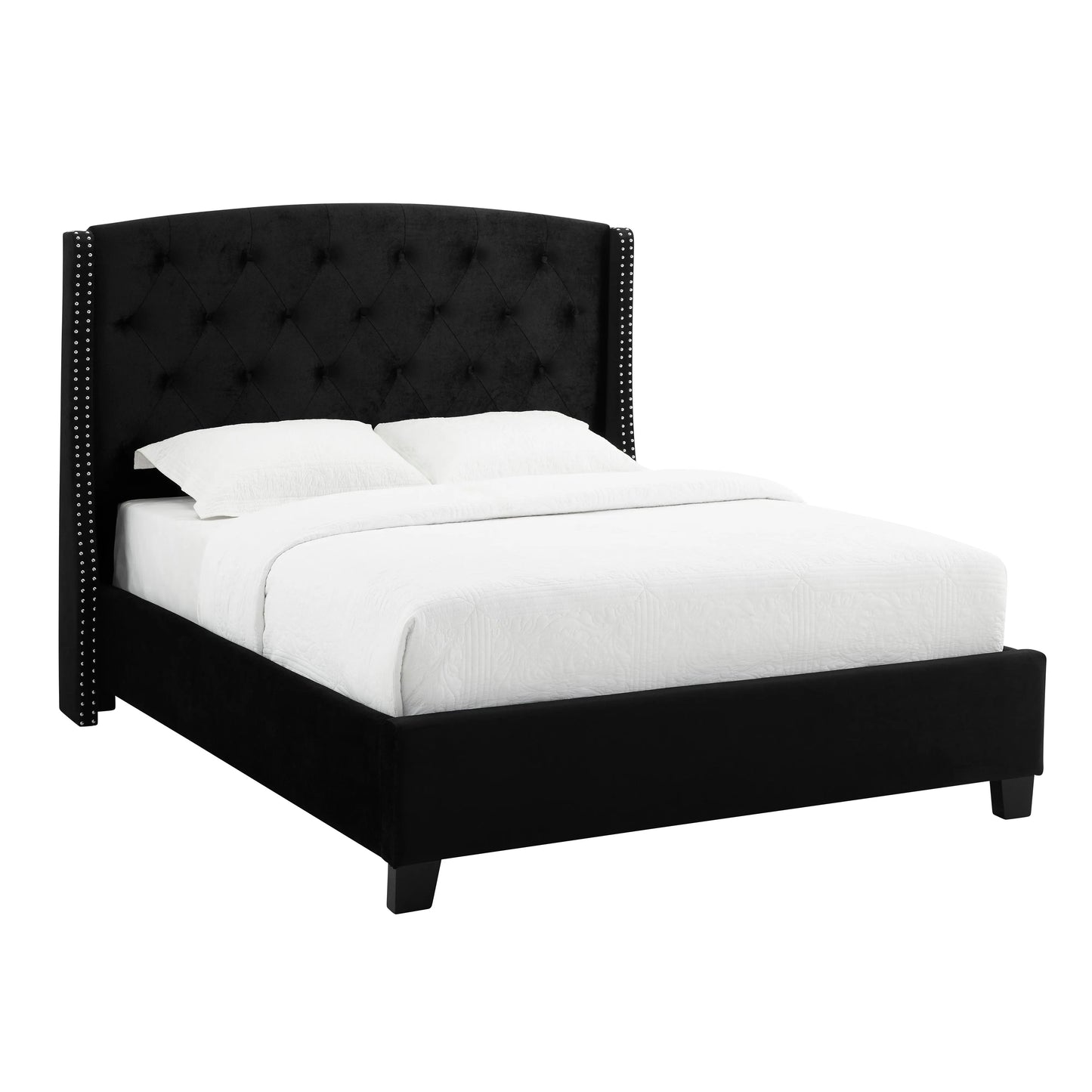 Eva Black Velvet King Upholstered Bed Crown Mark