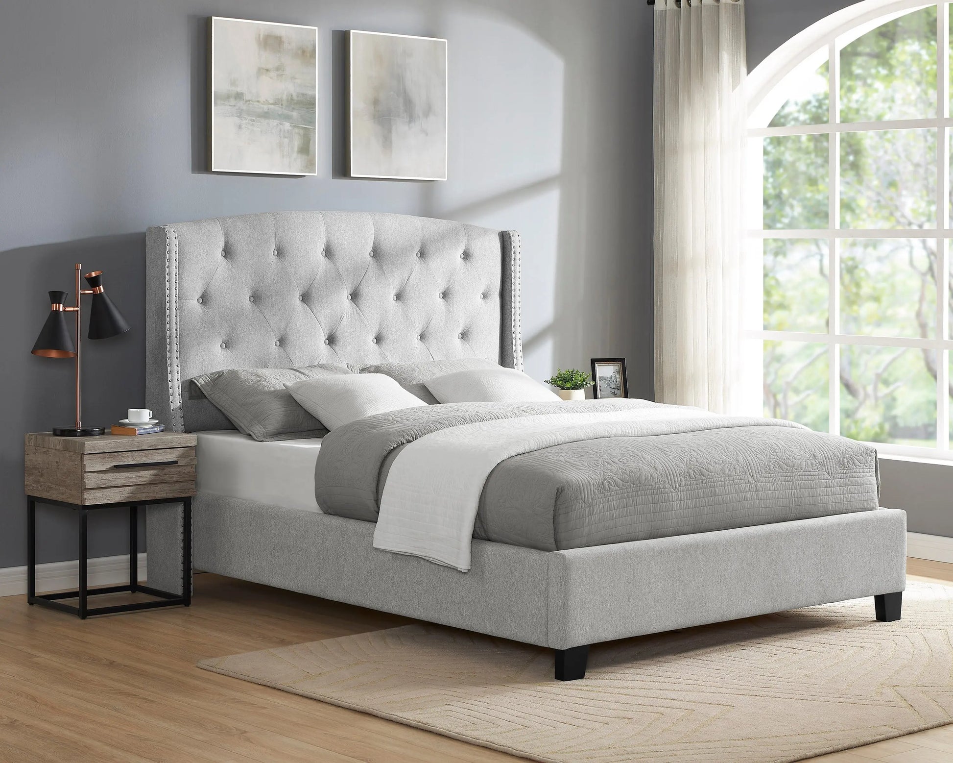 Eva Dove Gray King Upholstered Bed Crown Mark