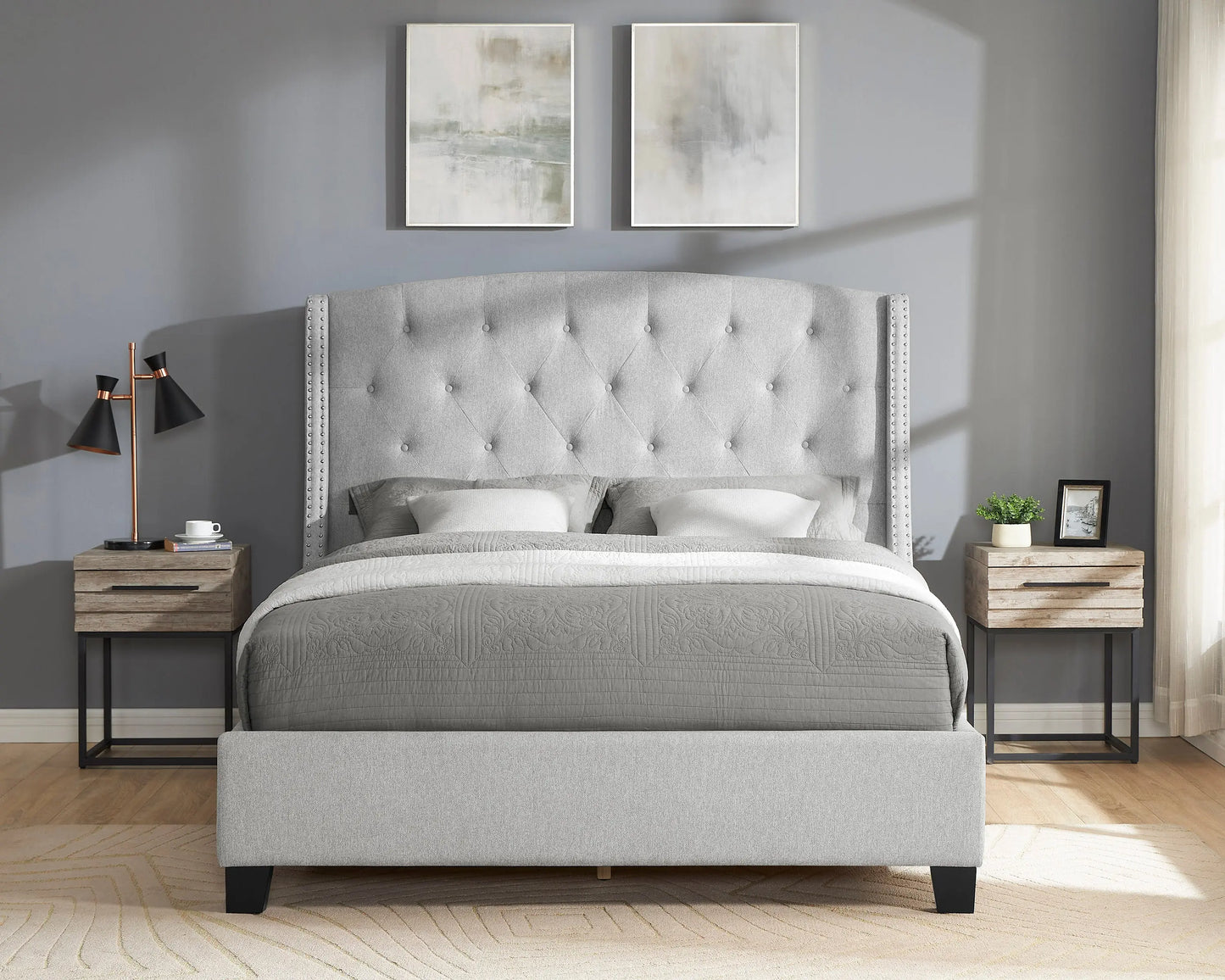 Eva Dove Gray King Upholstered Bed Crown Mark