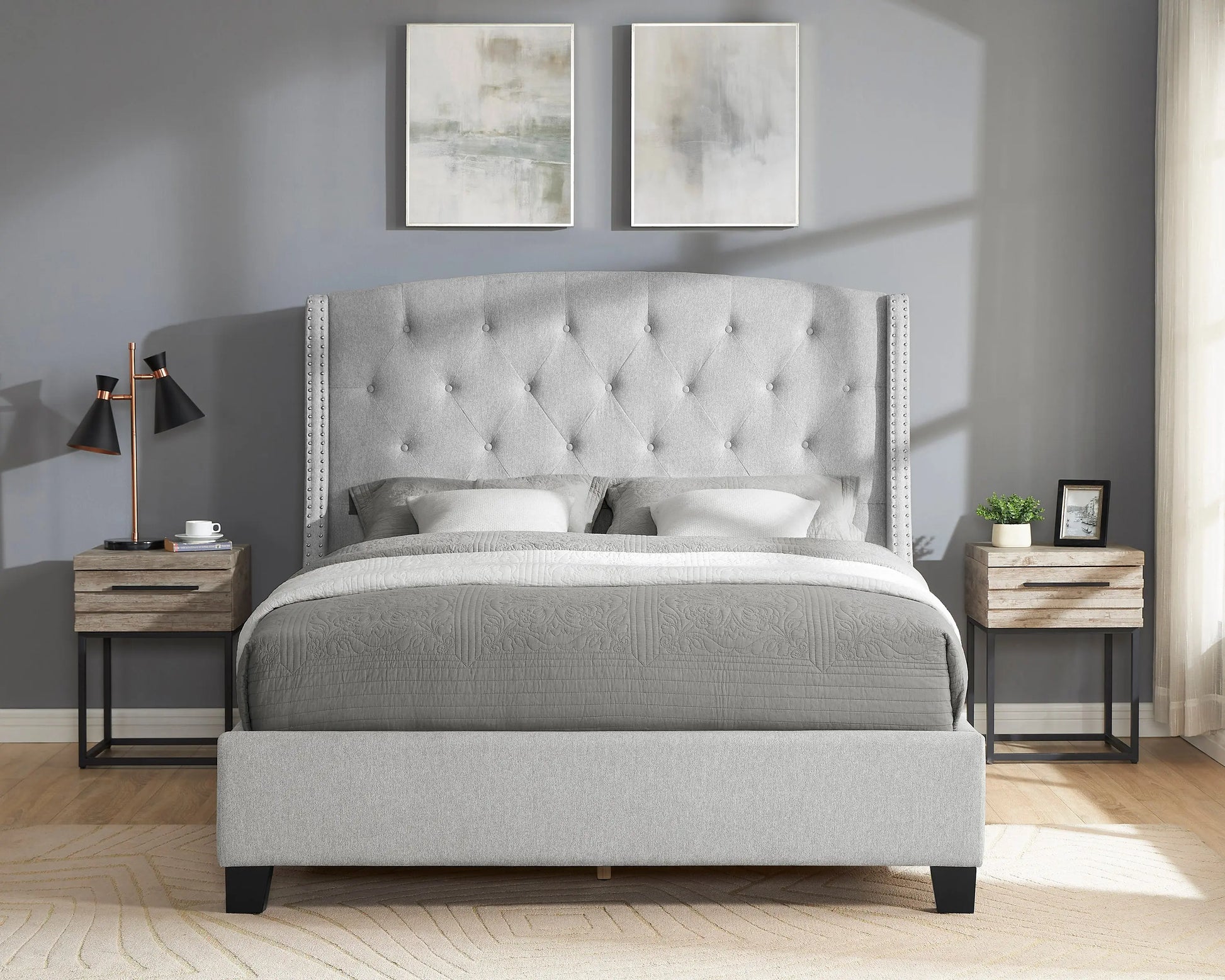 Eva Dove Gray Queen Upholstered Bed Crown Mark