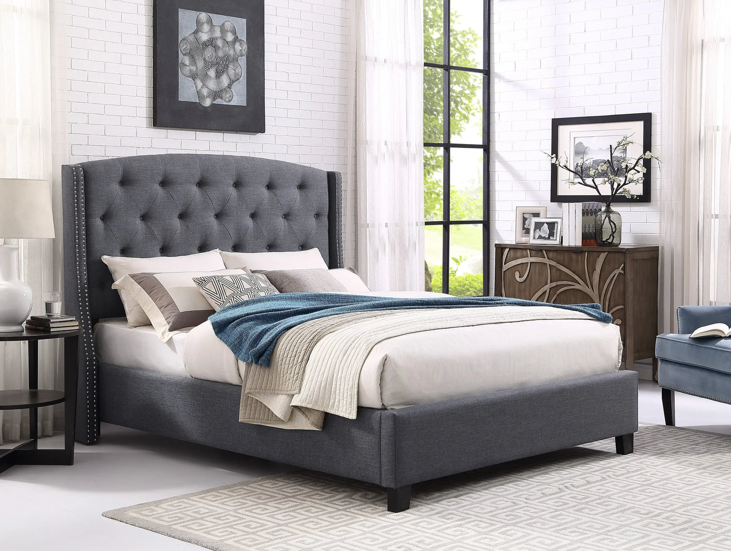 Eva Gray King Upholstered Bed Crown Mark