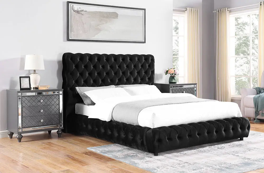 Flory Black Queen Upholstered Platform Bed Crown Mark