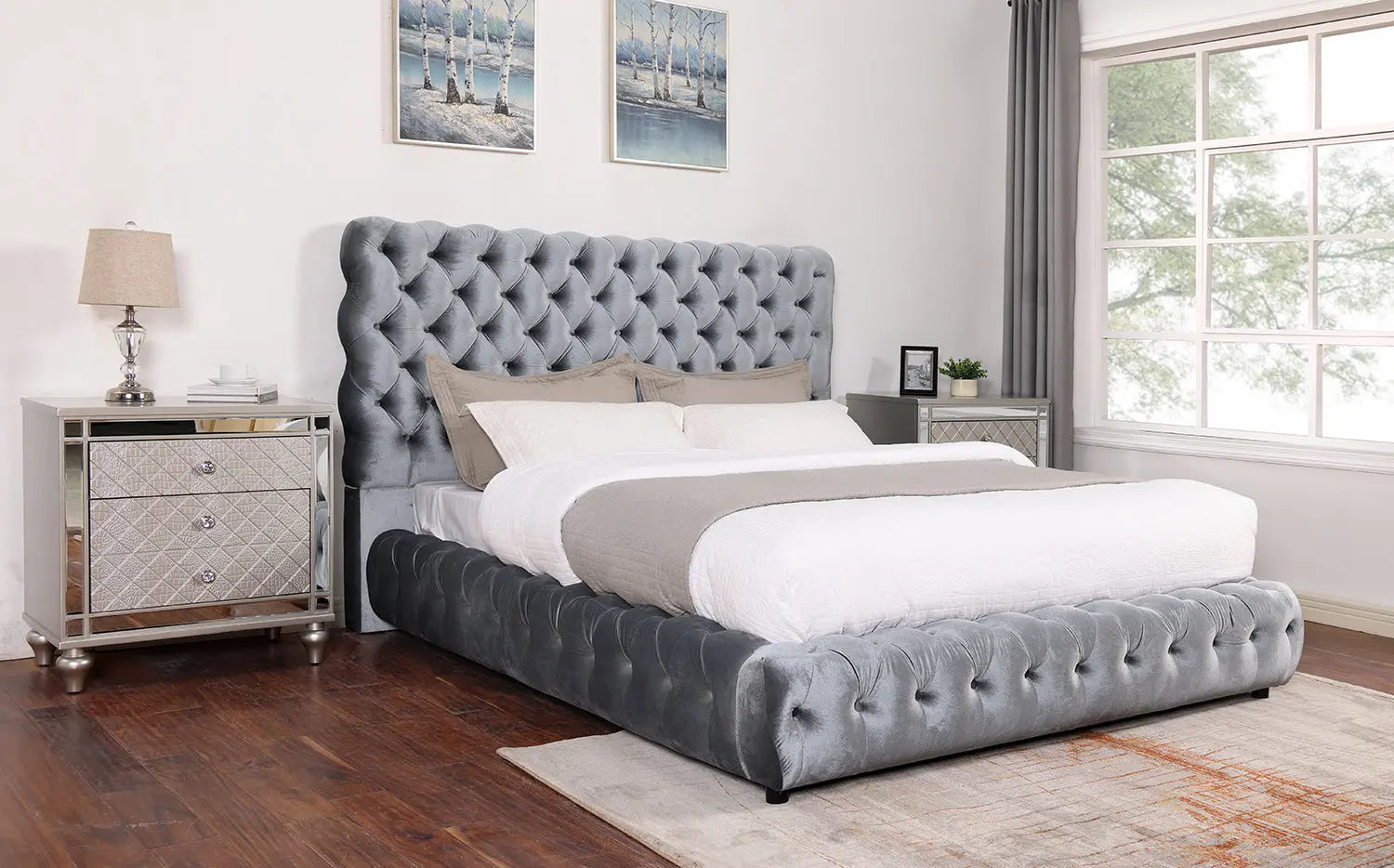 Flory Gray Queen Upholstered Platform Bed Crown Mark