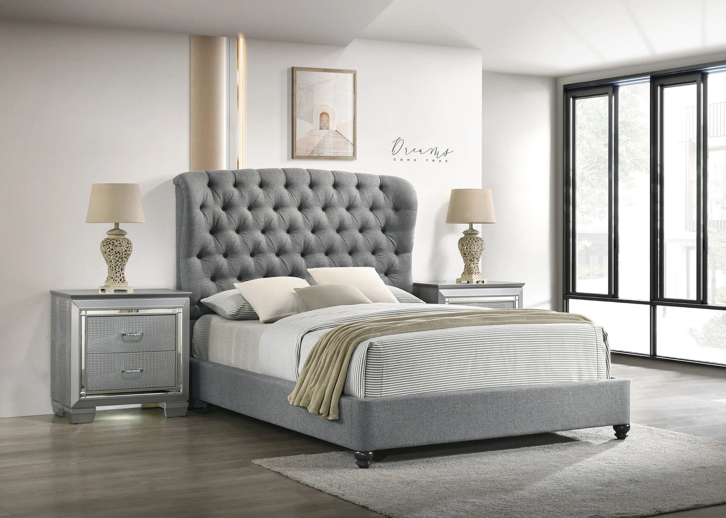 Linda Gray Queen Upholstered Panel Bed Crown Mark