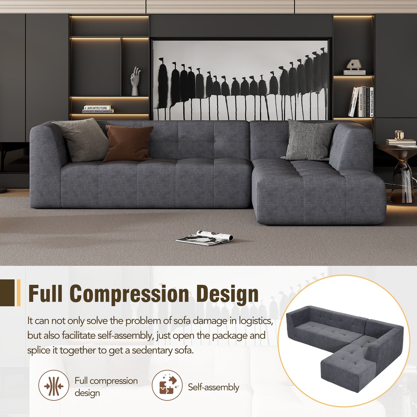 110.2”x72.8" Modular Modular Combination Living Room Sofa Set, Modern Minimalist Sofa, Living Room Upholstered Sofa Bed, Bedroom, 3pcs Computer Free Combination, L-Shaped,Dark Grey House to Home Furnishings LLC