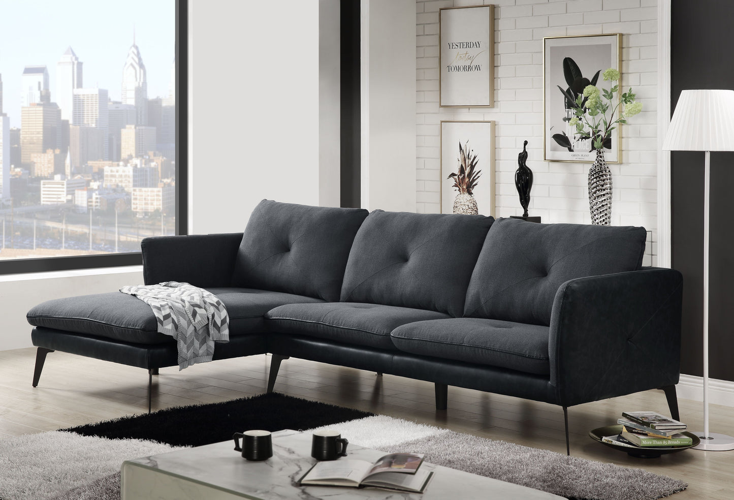 Harun Gray Fabric & PU Sectional Sofa ACME East