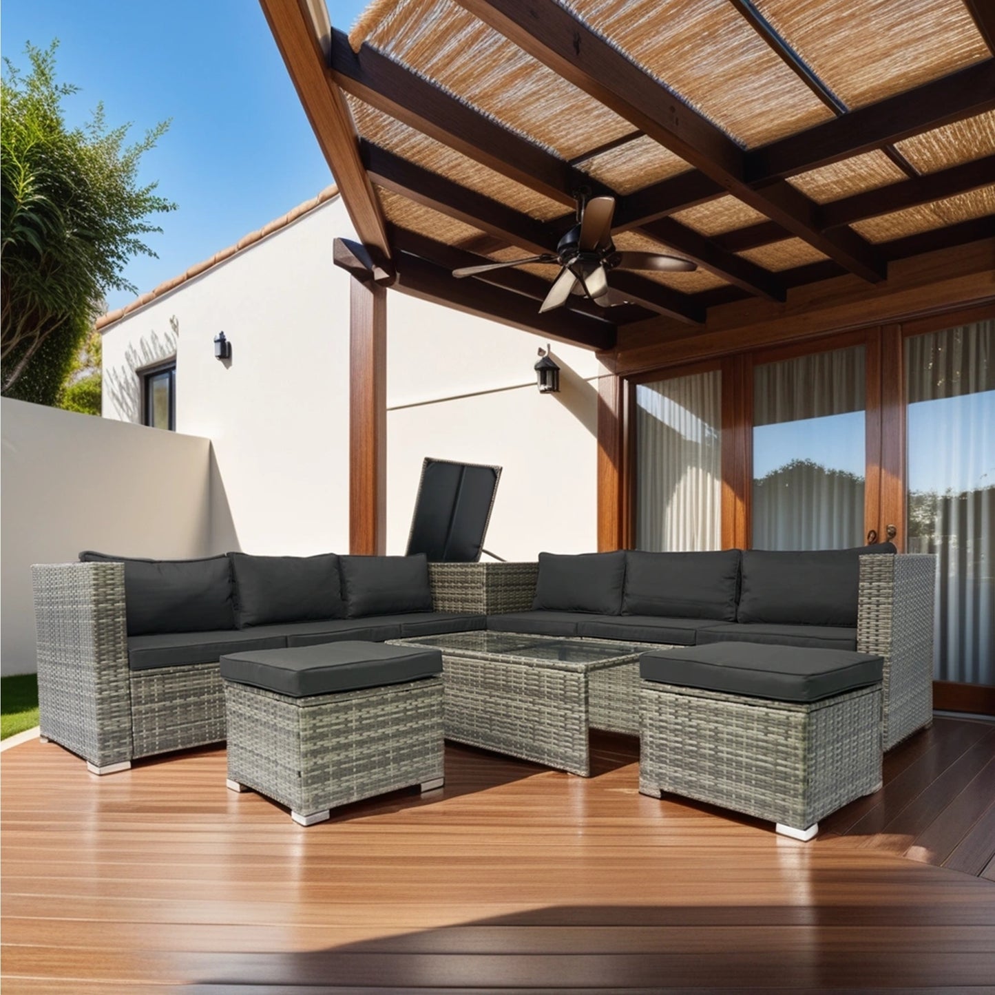 8 Piece Patio Outdoor Sectional Wicker Rattan Outdoor Furniture Sofa Set with One Storage Box Under Seat and Cushion Box Grey wicker + Black Cushion + Clear Glass Top House to Home Furnishings LLC