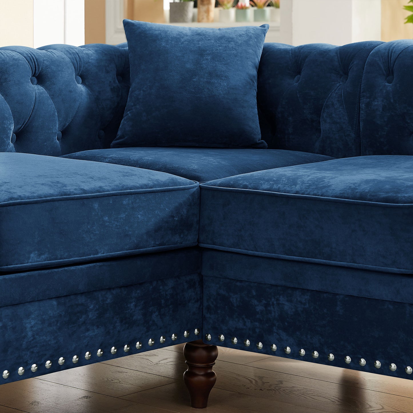 80" Inch Deep Button Tufted Upholstered Roll Arm Luxury Classic Chesterfield L-shaped Sofa 3 Pillows Included, Solid Wood Gourd Legs, Blue Velvet House to Home Furnishings LLC