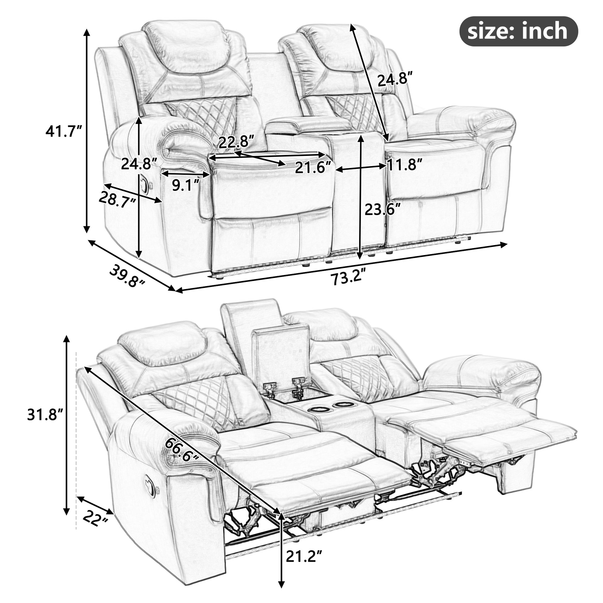 3 Pieces Recliner Sofa Sets Home Theater Seating Manual Recliner Chair with Center Console and LED Light Strip for Living Room, Wind Red House to Home Furnishings LLC