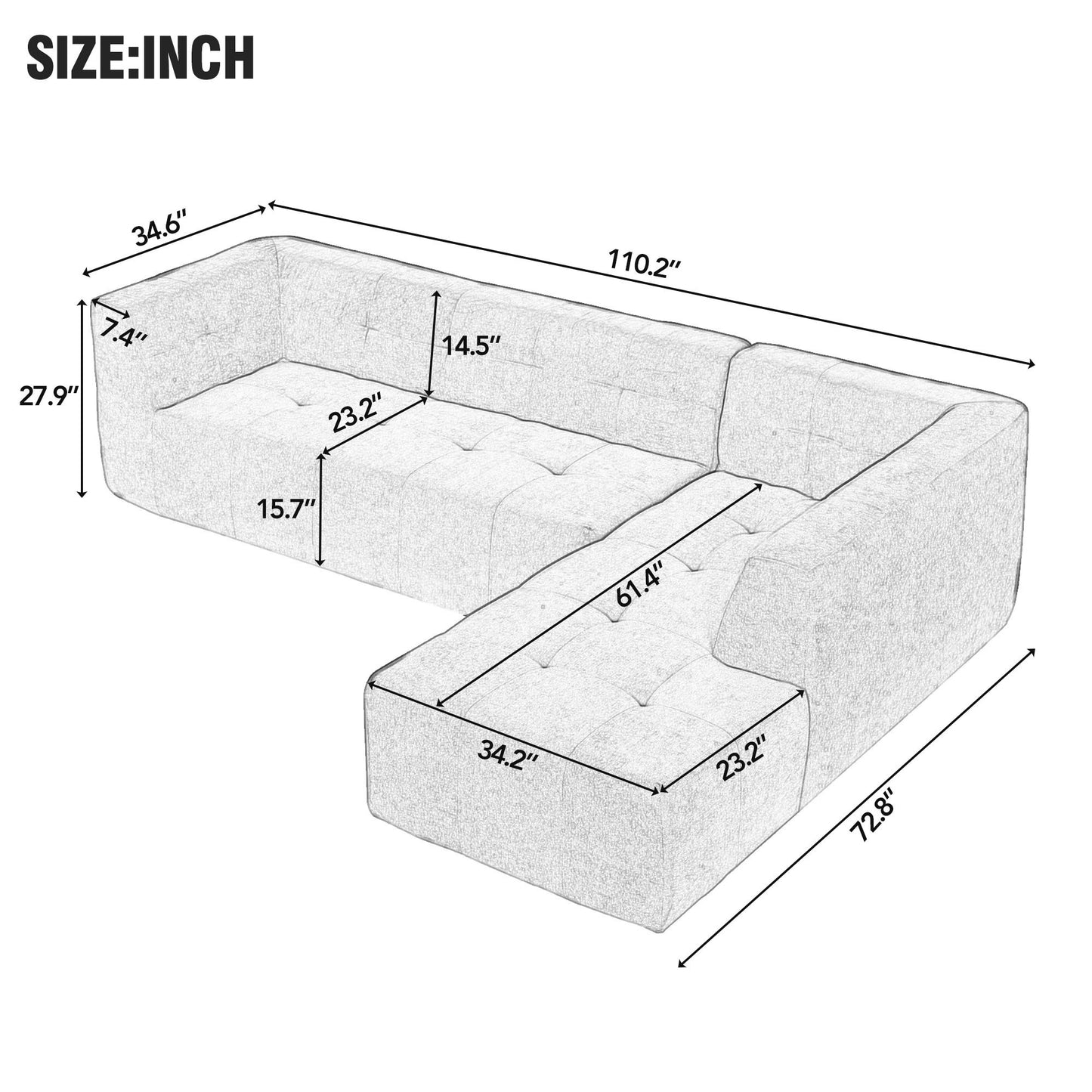 110.2”x72.8" Modular Modular Combination Living Room Sofa Set, Modern Minimalist Sofa, Living Room Upholstered Sofa Bed, Bedroom, 3pcs Computer Free Combination, L-Shaped,Dark Grey House to Home Furnishings LLC